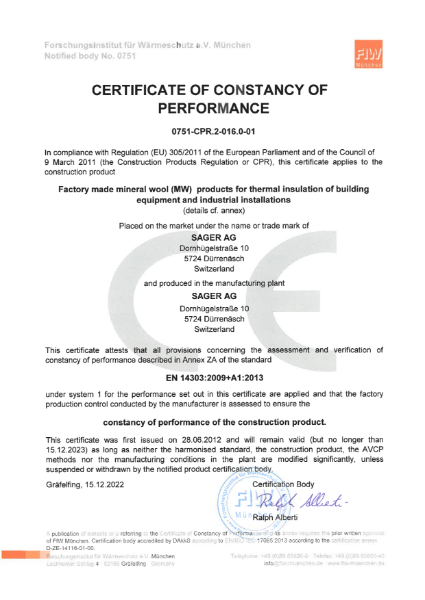 Certificate of constancy of performance SAGLAN