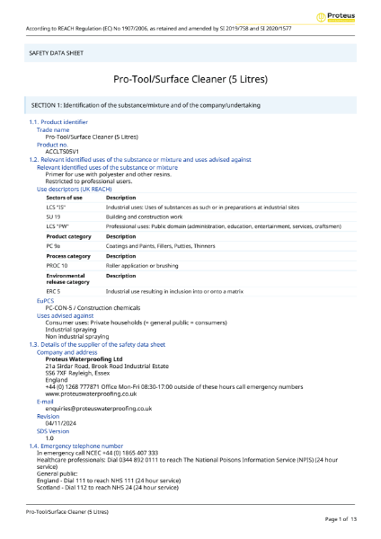 Safety Data Sheet - Pro-Tool Surface Cleaner