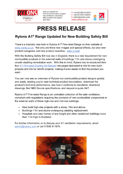 Rytons A1® Range Updated for New Building Safety Bill