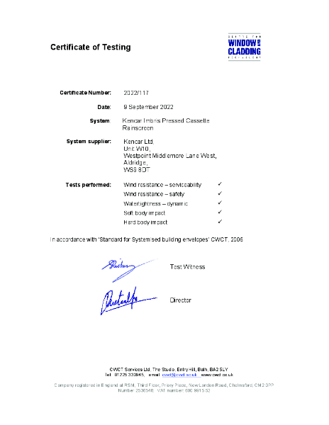 Imbris Pressed Cassette Rainscreen CWCT - Certificate of Testing (in accordance with ‘Standard for Systemised building envelopes’ CWCT, 2006)