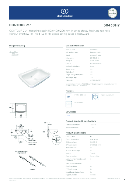 Datasheet - S0430HY CONTOUR 21+ | Handrinse basin