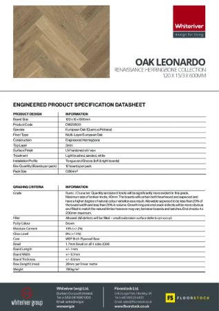 120 x 15 x 600mm Renaissance Oak Leonardo Herringbone Spec Sheet