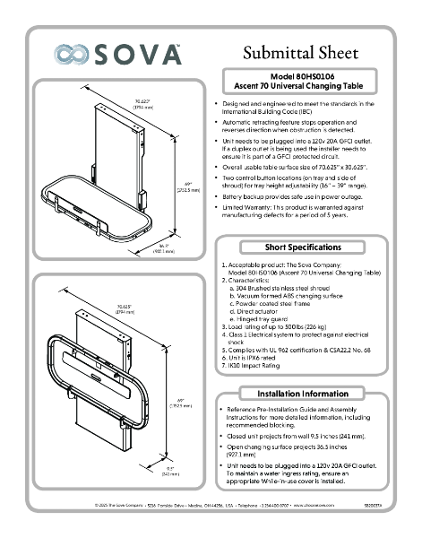 Ascent 70 Universal Changing Table Submittal Sheet