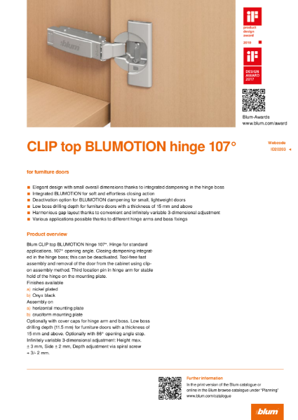 CLIP top BLUMOTION 107 Degree Hinge Specification Text