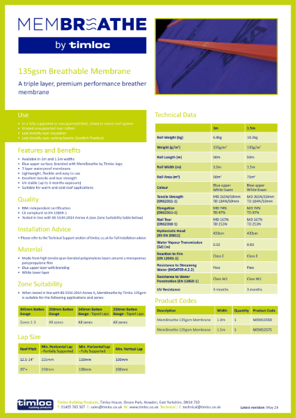 Timloc Building Products 135 gsm Breather Membrane Datasheet