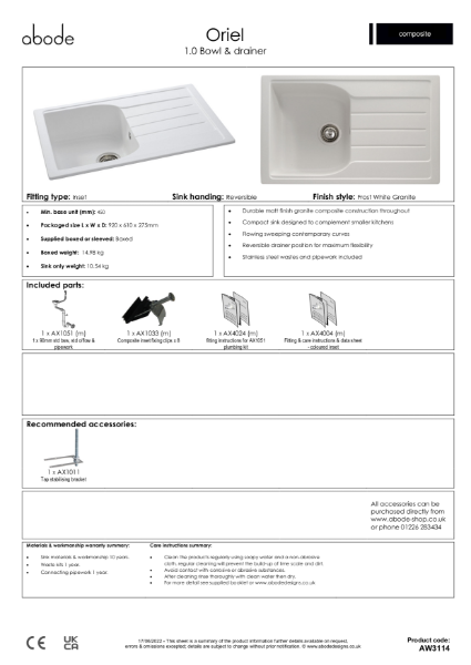 AW3114. Oriel Granite Inset Sink (1.0 Bowl & Drainer), White Granite - Consumer Specification