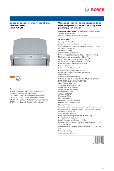 Series 6, Canopy cooker hood, 52 cm,
Stainless steel
DHL575CGB