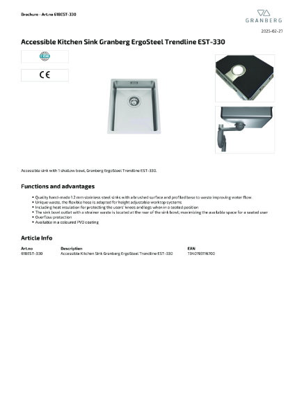 Technical Data Sheet Granberg Sink EST-330