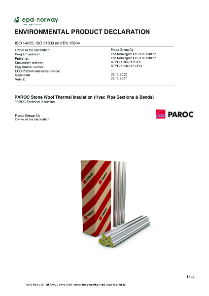 EPD - PAROC Stone Wool Thermal Insulation (HVAC Pipe Sections & Bends)