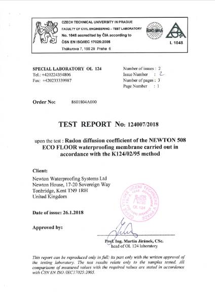 Newton CDM 508 eco Floor Radon Test Certificate