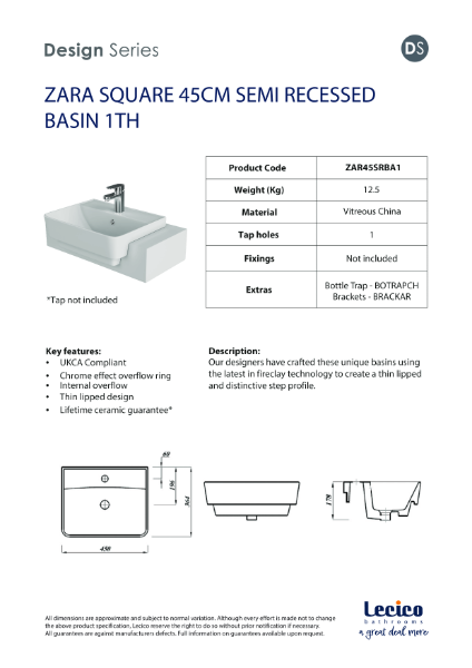 ZARA SQUARE 45CM SEMI RECESSED BASIN 1TH