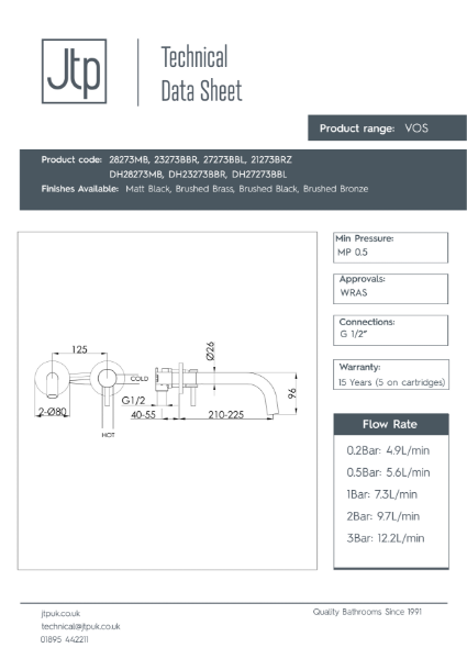 VOS Single Lever Wall Mounted Basin Mixer – Product Data Sheet