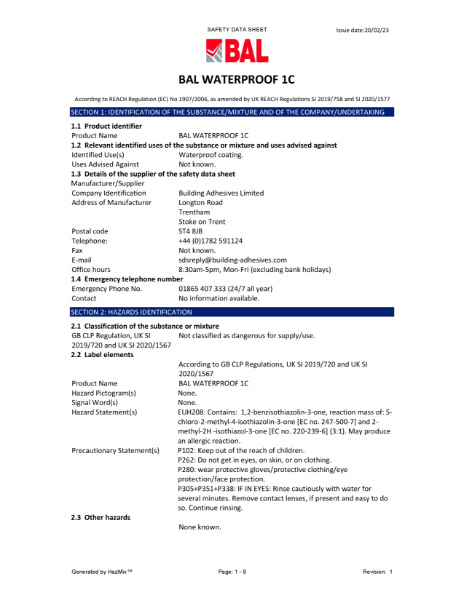 BAL Waterproof 1C - Material Safety Datasheet