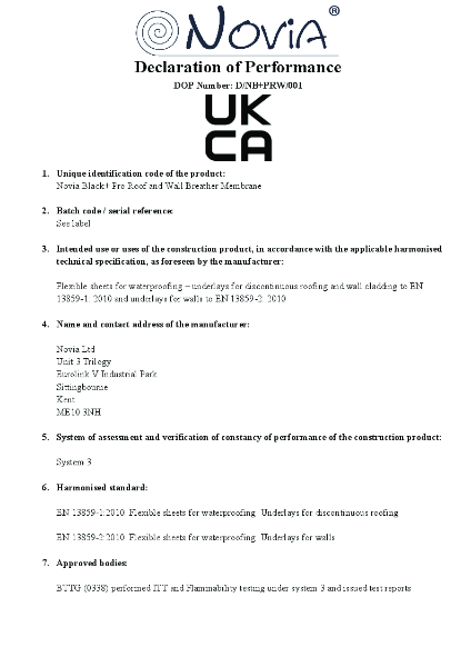 Novia Black + Pro Roof and Wall Breather Membrane Declaration of Performance