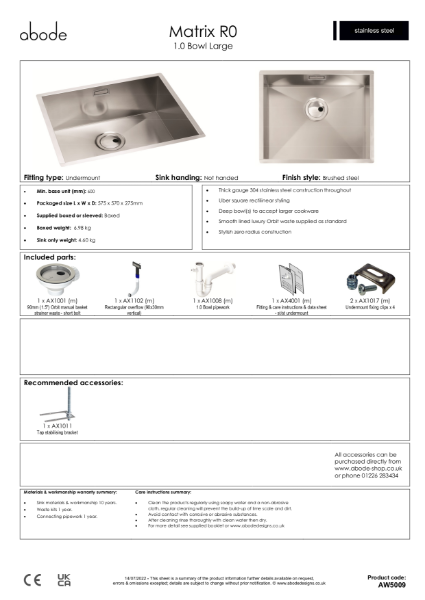 Matrix R0, Stainless Steel 1.0 Bowl 500mm- Consumer Specification