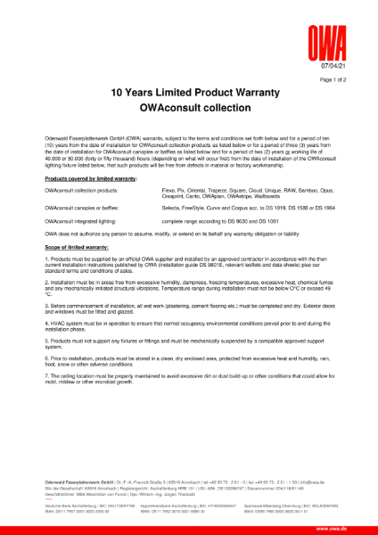 OWAconsult 10 year limited product warranty