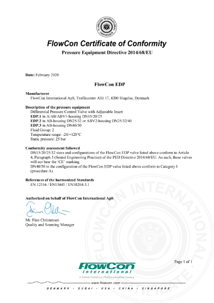 FlowCon EDP DPCV PED Certificate