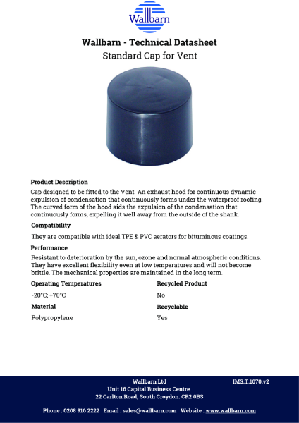 Datasheet - Standard Polypropylene 
Cap for Vent / Aerator