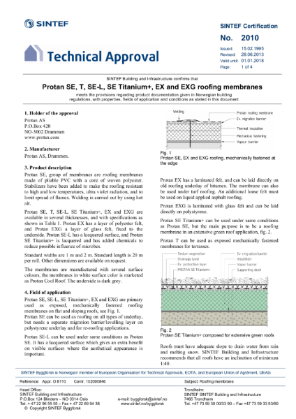 SINTEF Technical Approval 2010 for Protan SE, T, SE-L, SE Titanium+, EX and EX-G Membranes