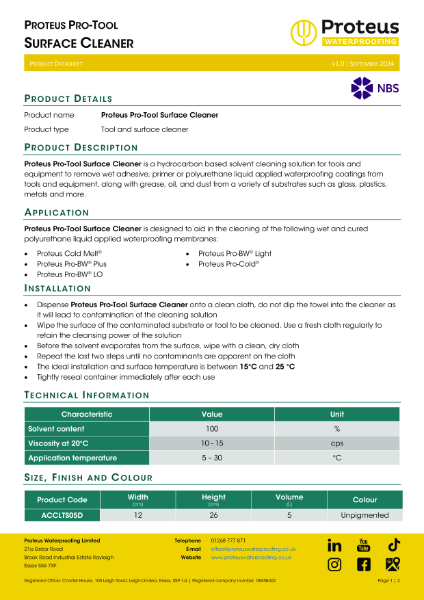 Product Data Sheet - Proteus Pro-Tool Surface Cleaner