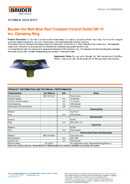 Bauder Hot Melt Blue Roof Compact Outlet DN 70 Inc. Clamping Ring - Tech Sheet