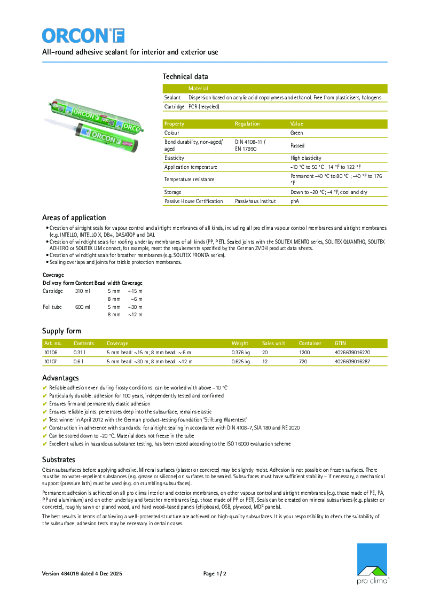 Pro Clima Orcon F Technical Datasheet