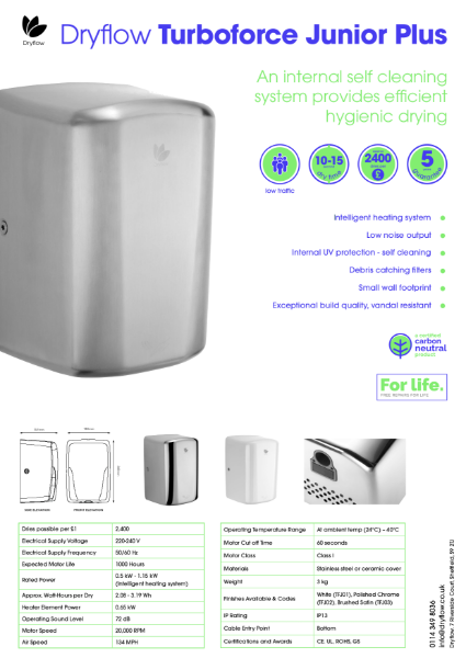 Hand Dryer Spec Sheet - Dryflow® Turboforce® Junior Plus Carbon Neutral Hand Dryer