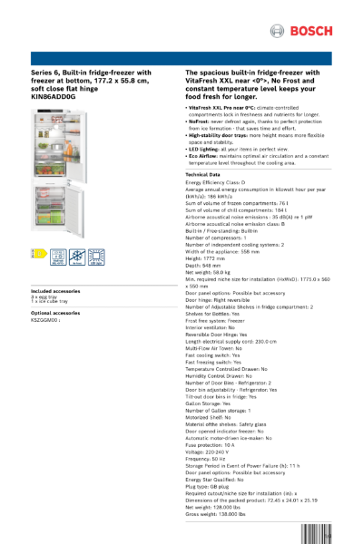 Series 6, Built-in fridge-freezer with
freezer at bottom, 177.2 x 55.8 cm,
soft close flat hinge
KIN86ADD0G