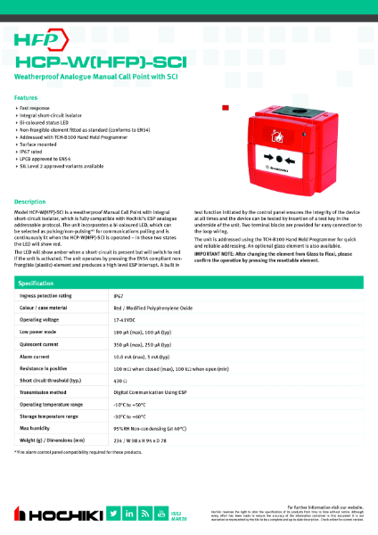 HCP-W(HFP)-SCI Weatherproof Analogue Manual Call Point with SCI