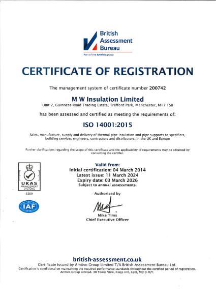 MW Insulation Ltd - ISO 14001 Certificate