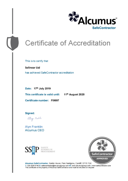 Solinear is delighted to be certified as a safe contractor