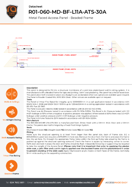 Datasheet - Slim Fit Access Panel One Hour Fire Rated, 30dB Acoustic, Airtight, Beaded Frame