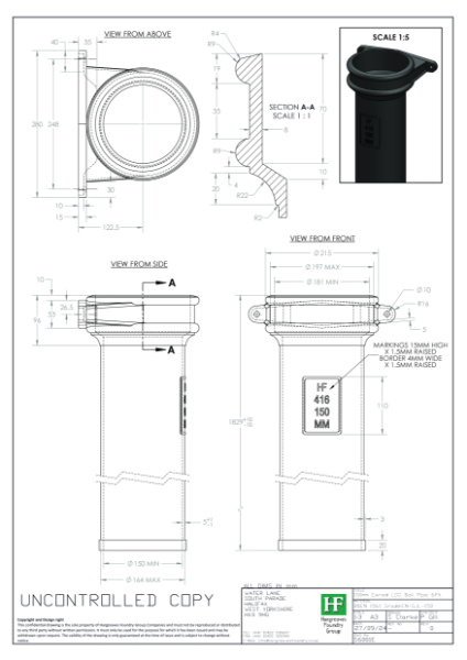 150mm (6") Eared LCC Soil Pipe Drawing