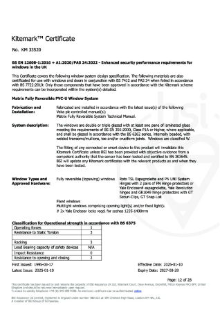 Matrix Fully Reversible Window Kitemark™ Certificate No. KM 33520