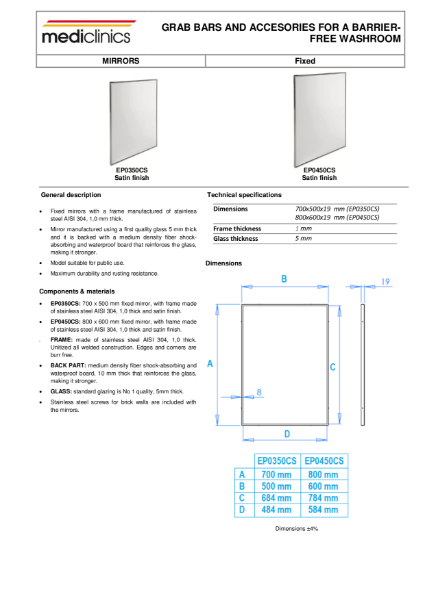 Mirror Spec Sheet - Mediclinics Fixed Mirror EP0350CS / EP0450CS