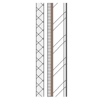 Concrete block cavity wall with steel frame, partial fill insulation and plasterboard lining