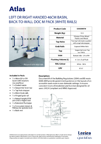 LEFT OR RIGHT HANDED 46CM BASIN, BACK-TO-WALL DOC M PACK (WHITE RAILS)