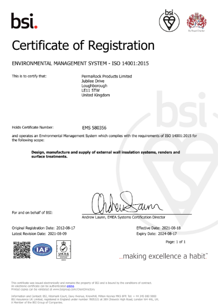 PermaRock BSI ISO 14001 Environmental Management Certificate