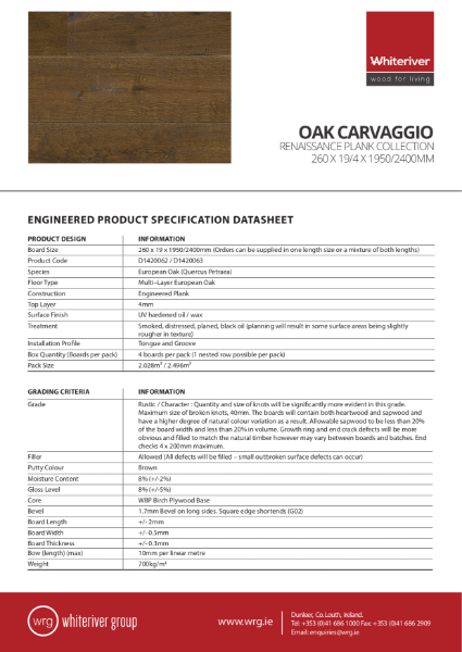 260 x 19 x 1950 & 2400mm Renaissance Oak Carvaggio Plank Spec Sheet