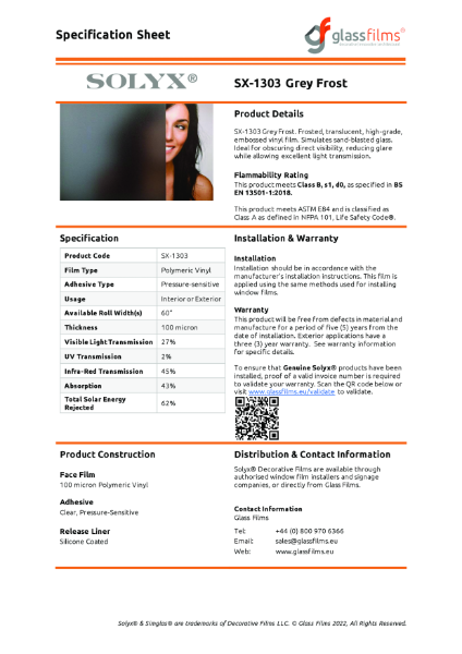 SX-1303 Grey Frost Specification Sheet