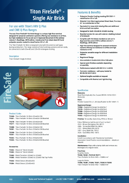 Titon FireSafe® Single Air Brick - Product Data Sheet