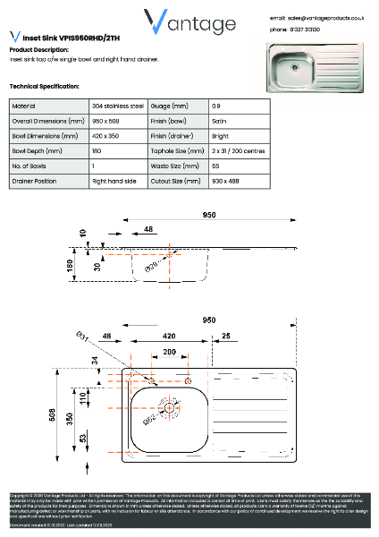 Product Data Sheet - VPIS950RHD/2TH