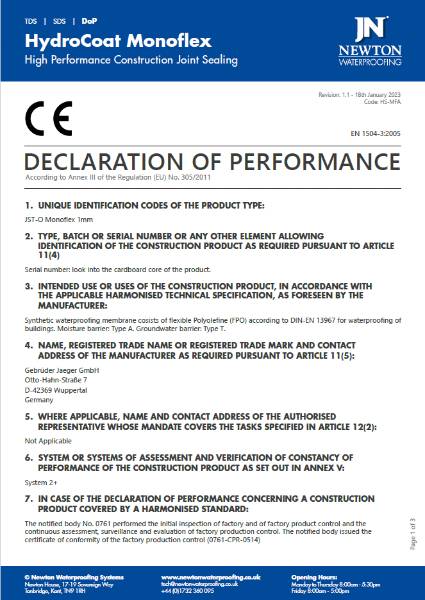 Newton HydroCoat Monoflex - Declaration of Performance