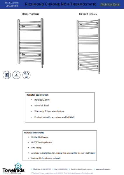 Towelrads Richmond Electric Towel Rail Non Thermo Chrome