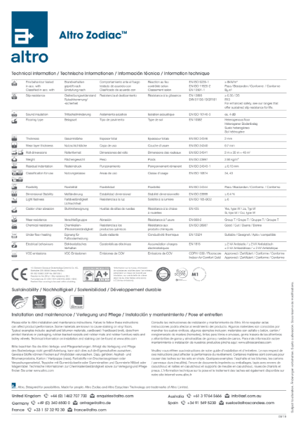 Altro Zodiac Technical Data Sheet
