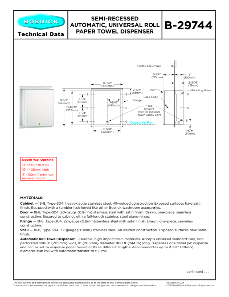 Semi-Recessed Automatic, Universal Roll Paper Towel Dispenser - B-29744