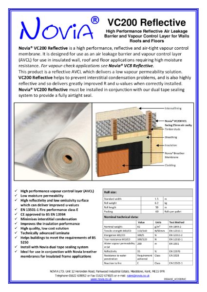 Novia® VC200 Reflective Air Leakage Barrier and Vapour Control Layer