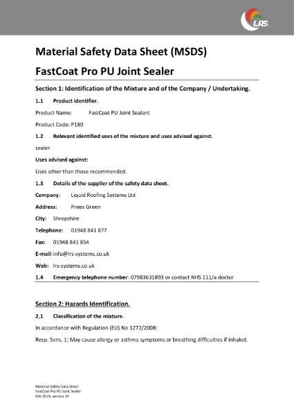MSDS - FastCoat Pro - Joint Sealer