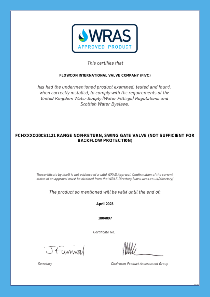 FlowCon IVC FCH Bronze Swing Check Valve WRAS Certificate