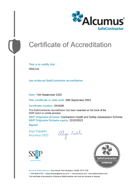 Alcumus Safe Contractor Certificate of Accreditation